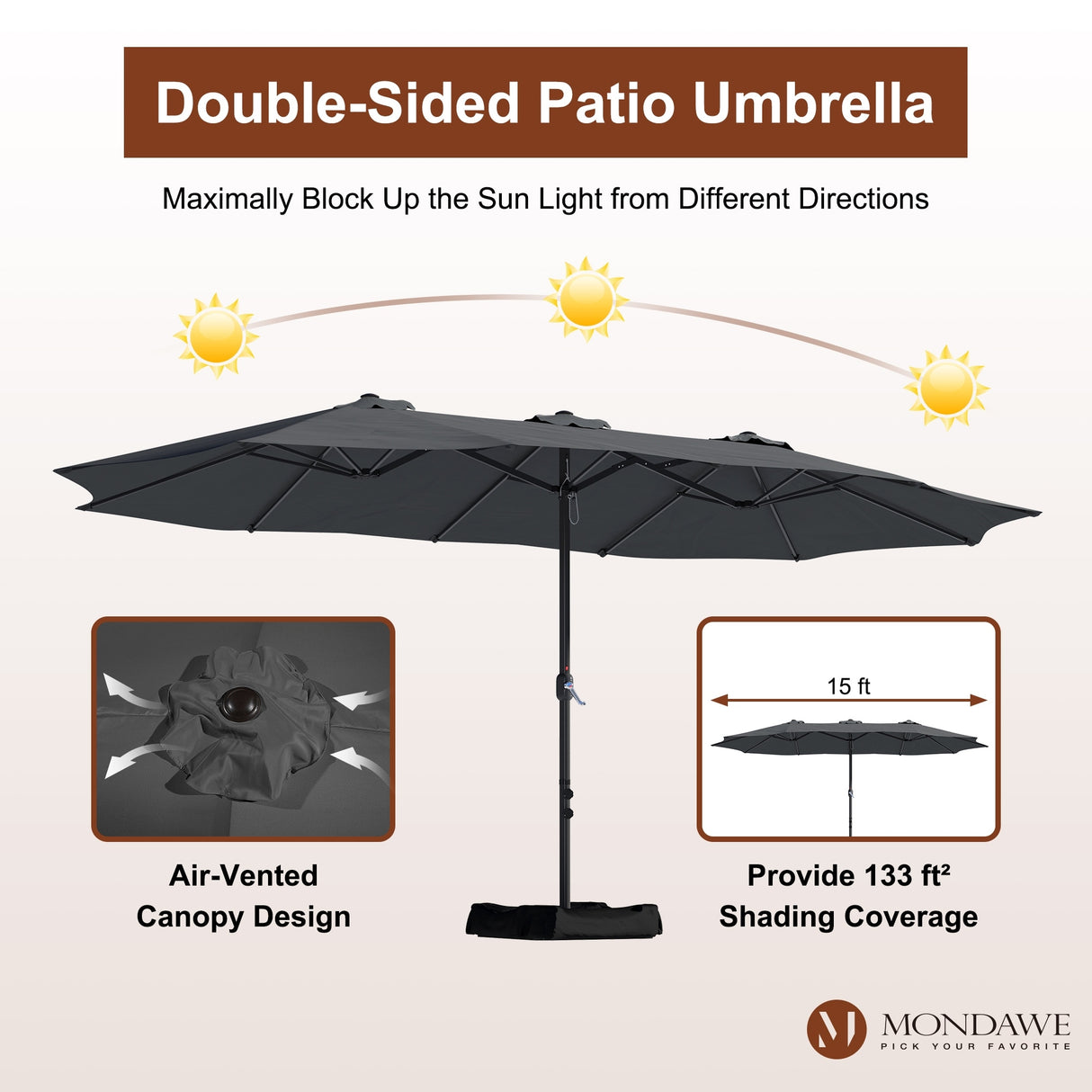 15ft Rectangular Patio Market Umbrella with Base