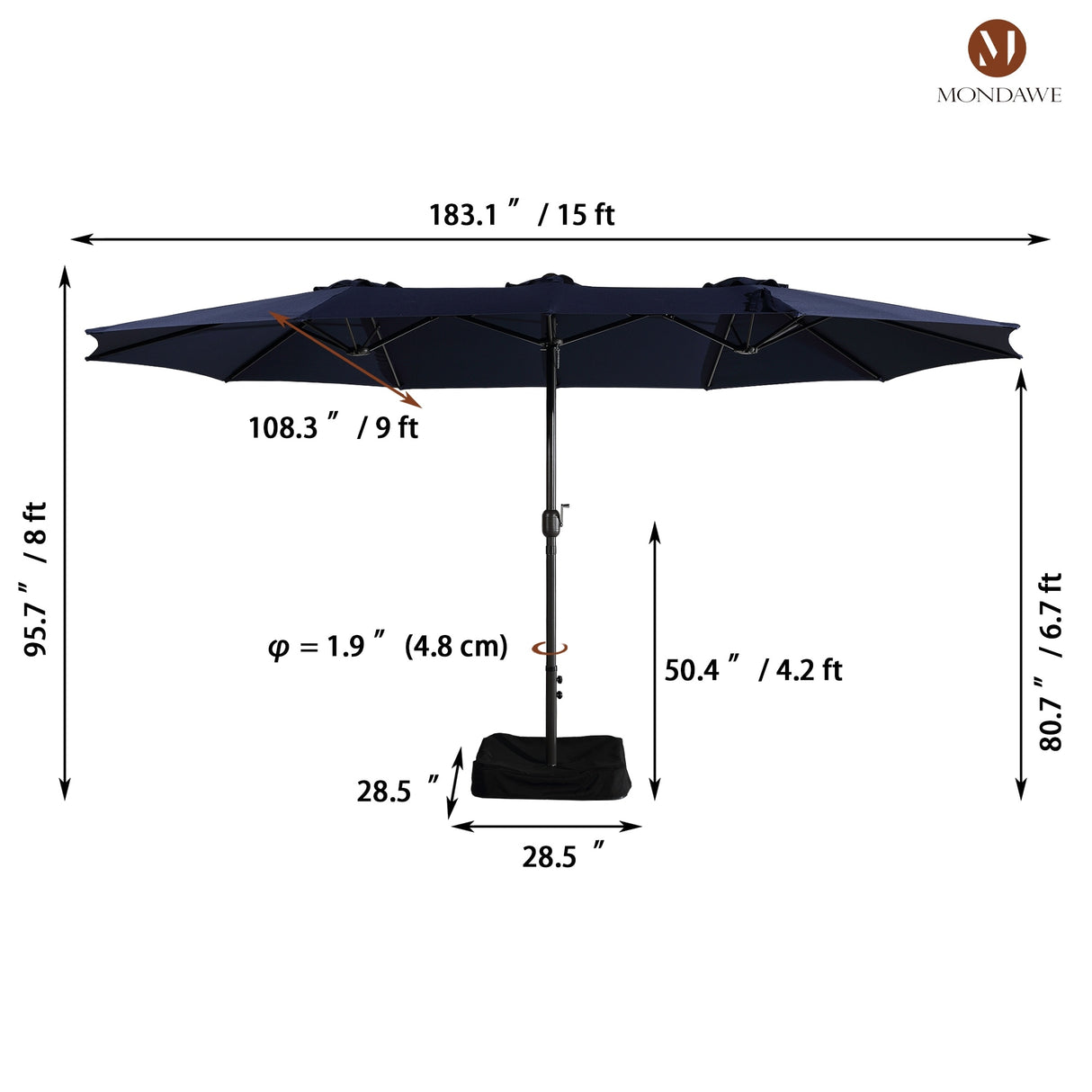15ft Rectangular Patio Market Umbrella with Base
