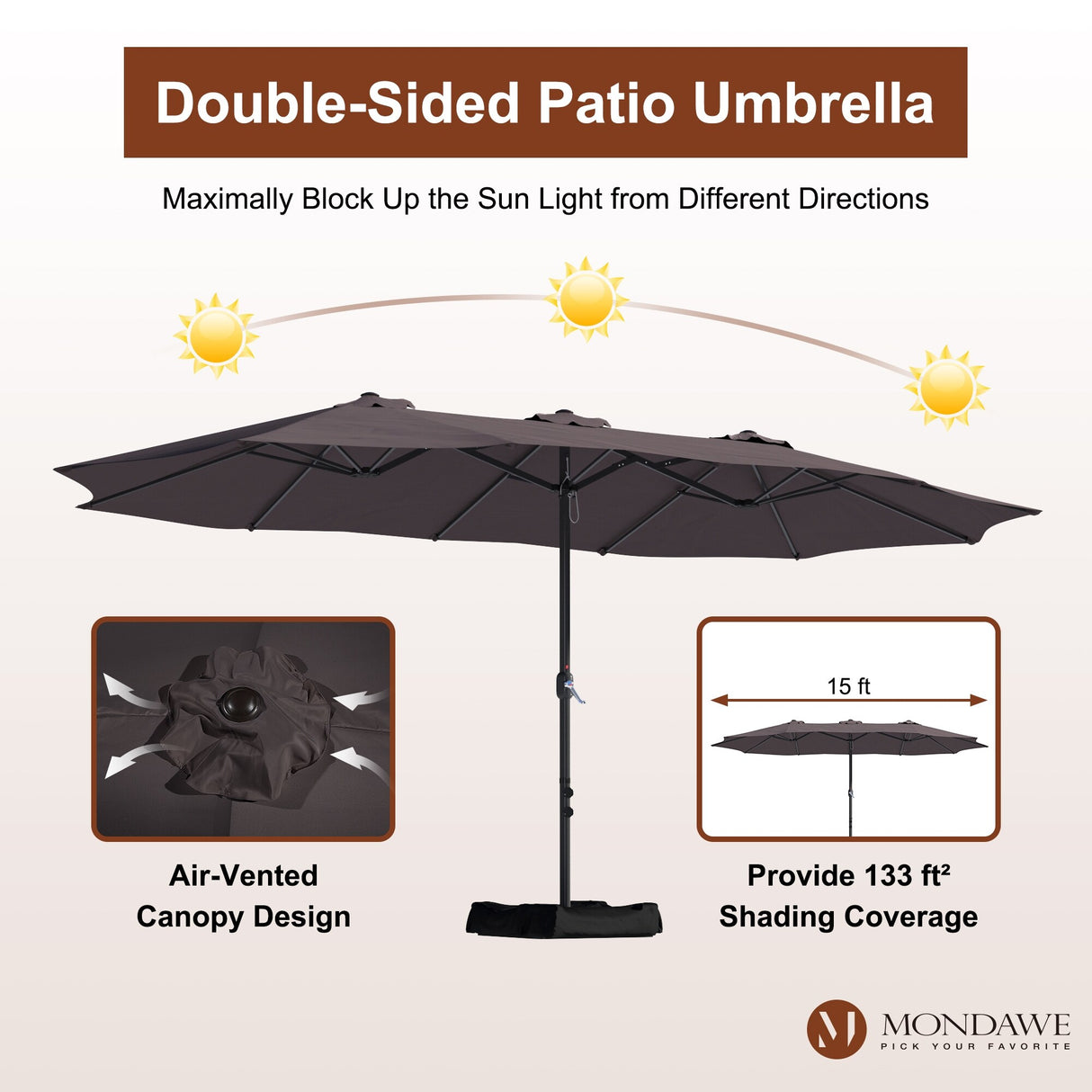 15ft Rectangular Patio Market Umbrella with Base