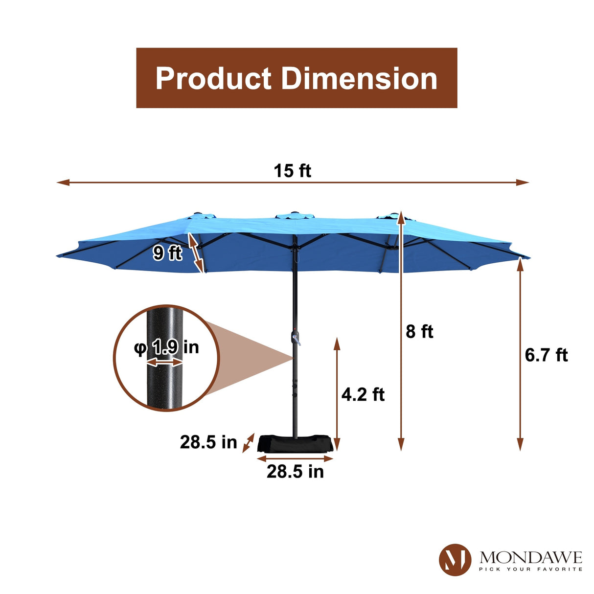 15ft Rectangular Patio Market Umbrella with Base