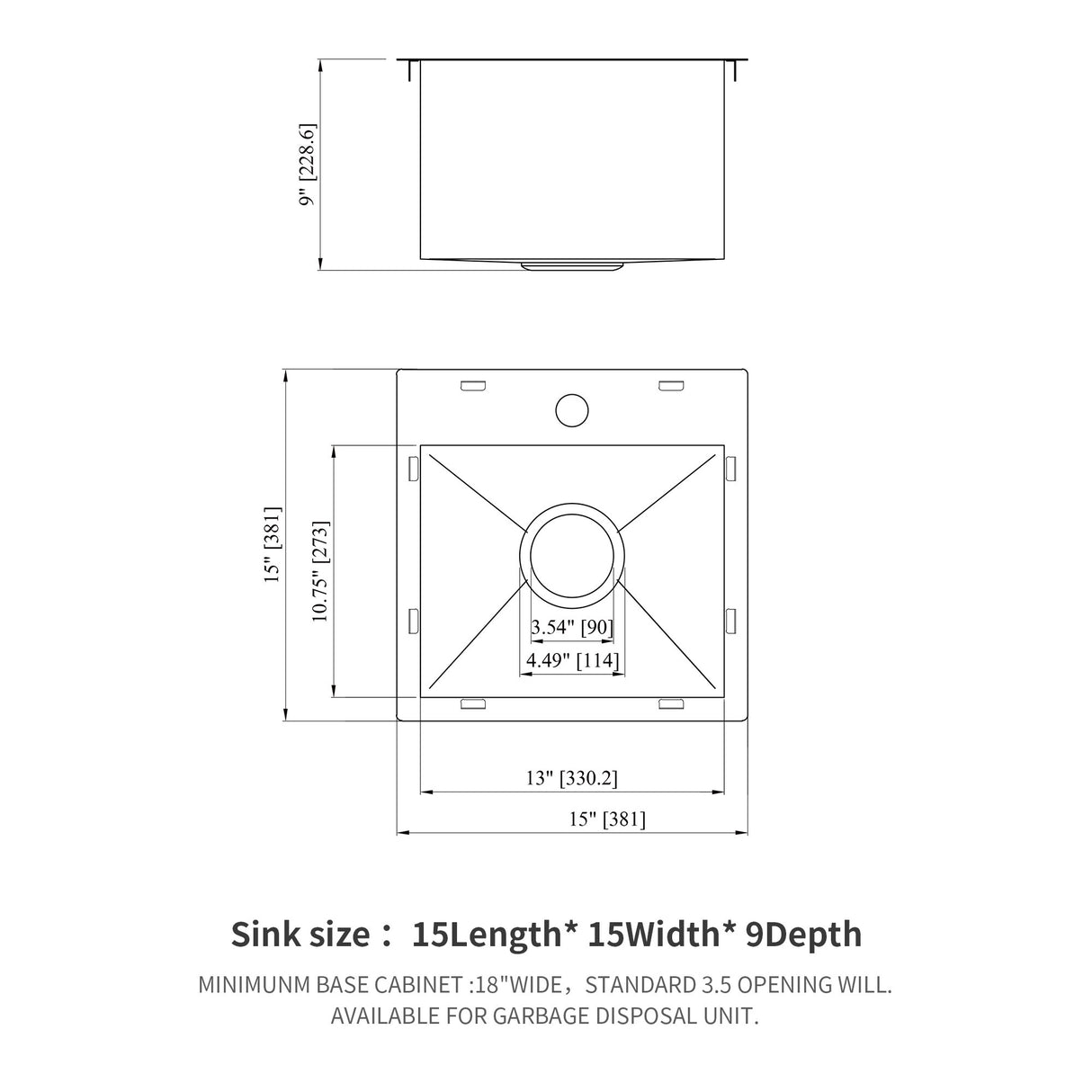 15x15 Gunmetal Black Topmount 18 Gauge Stainless Steel Kitchen Sink