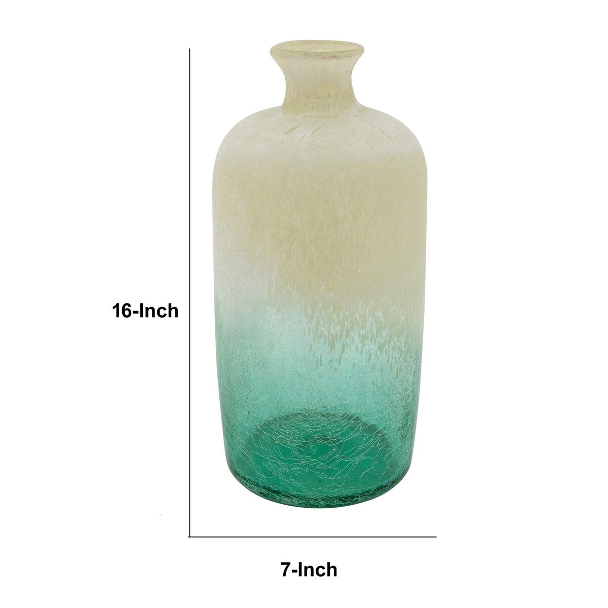 16 Inches Frosted Glass Vase with Crackled Design, Beige and Green