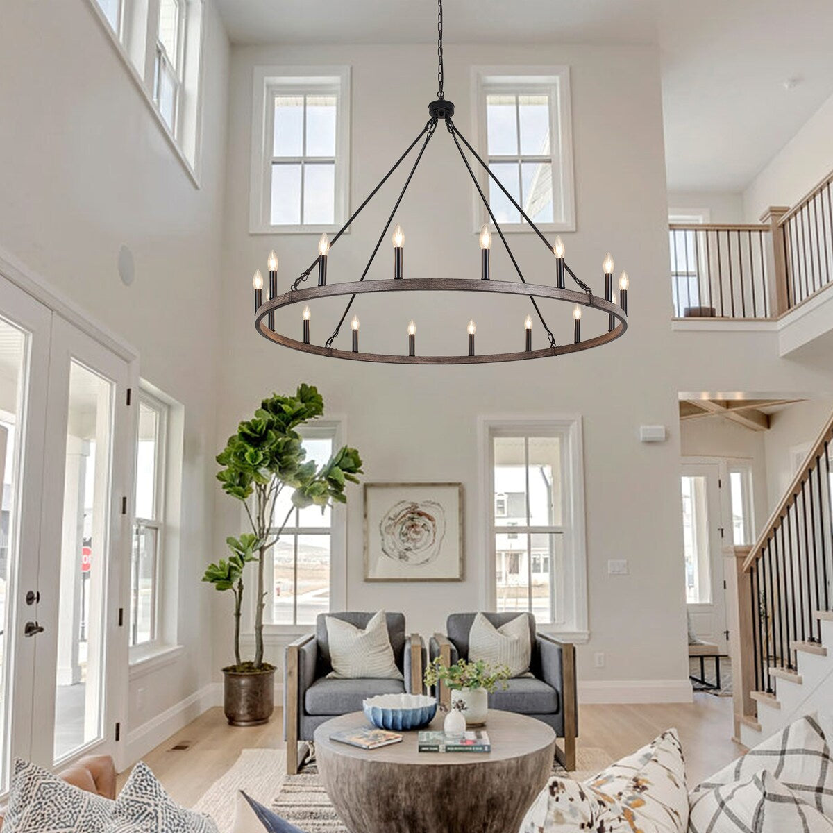 16-Light Farmhouse 47.24In Wagon Wheel Chandelier, Industrial Chandelier for Living Room Kitchen Island Dining Foyer