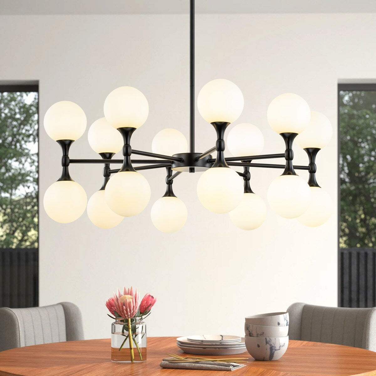 16-Light Modern Glam Linear Sputnik Branch Cluster Milky White Frosted Opal Glass Globe Chandelier