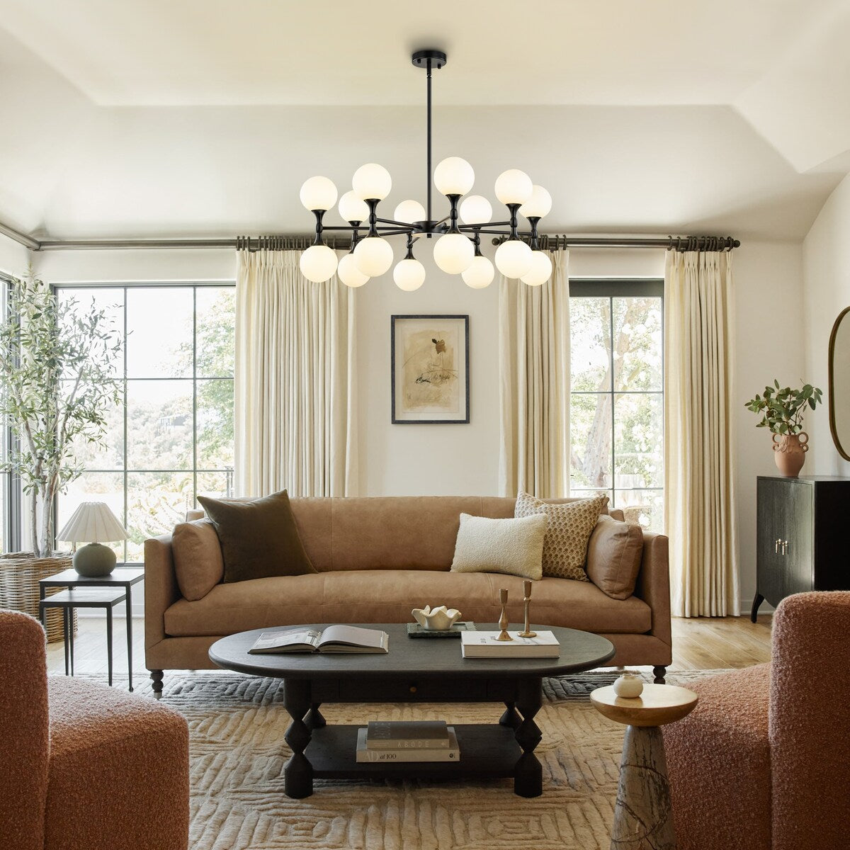 16-Light Modern Glam Linear Sputnik Branch Cluster Milky White Frosted Opal Glass Globe Chandelier