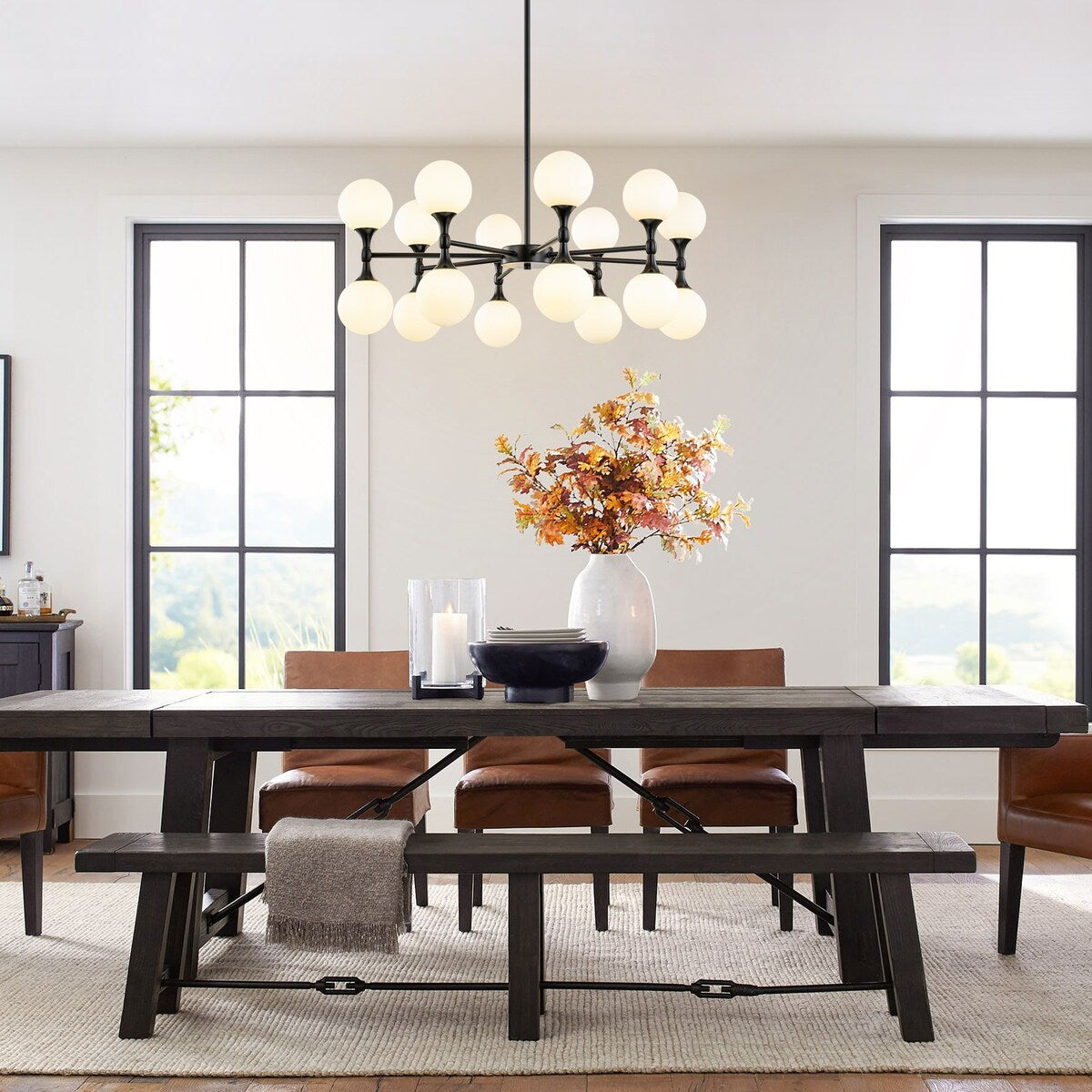 16-Light Modern Glam Linear Sputnik Branch Cluster Milky White Frosted Opal Glass Globe Chandelier