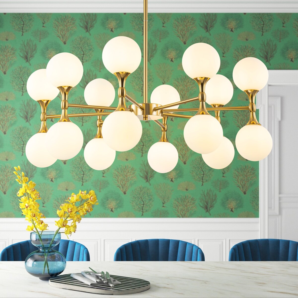 16-Light Modern Glam Linear Sputnik Branch Cluster Milky White Frosted Opal Glass Globe Chandelier