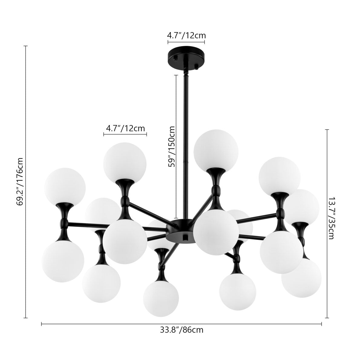16-Light Modern Glam Linear Sputnik Branch Cluster Milky White Frosted Opal Glass Globe Chandelier