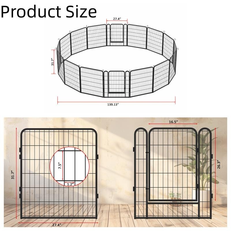 16 Panels Heavy Duty Metal Playpen with door,31.7"H Dog Fence Pet Exercise Pen for Outdoor