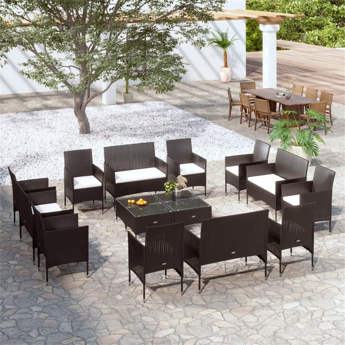 16 Piece Patio Lounge Set with Cushions Coffee Table Poly Rattan Black