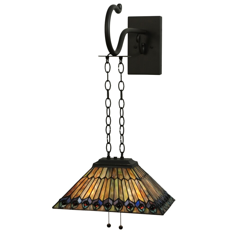 16"W Tiffany Jeweled Peacock Shepherd's Hook Wall Sconce