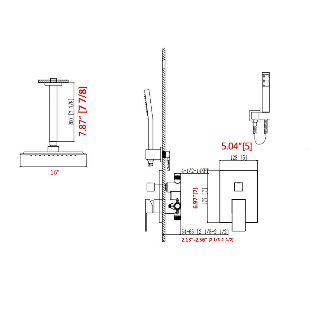 16-inch Square Rainfall Shower Head Ceiling Mounted Shower Faucet Set