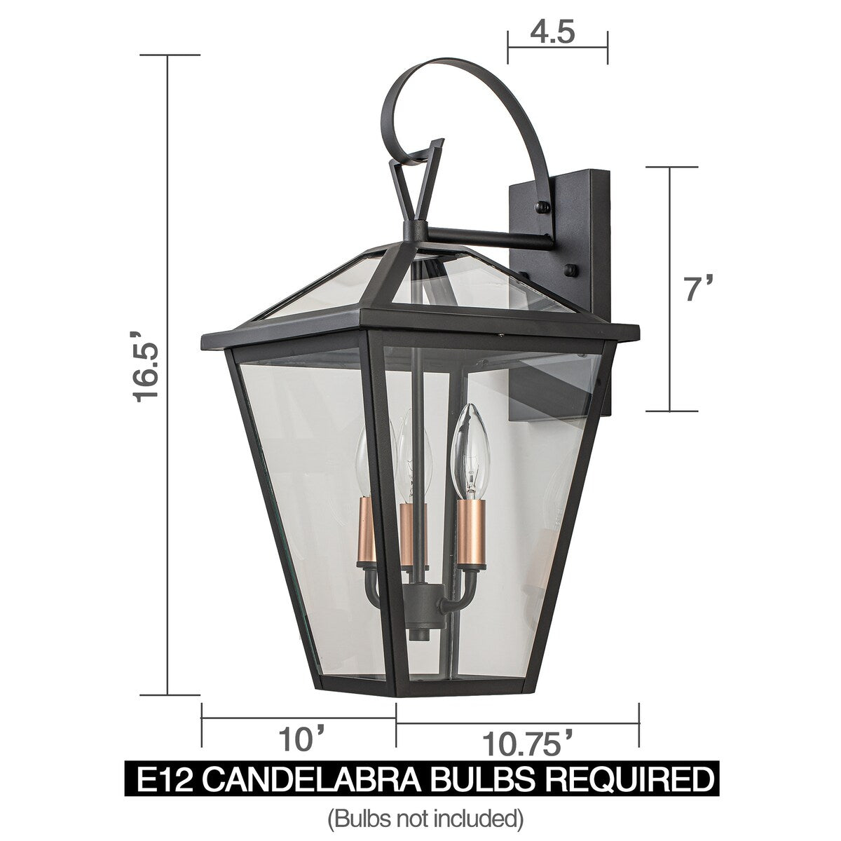 16.5" Outdoor Wall Sconce with Rose Gold 3-Light Candelabra