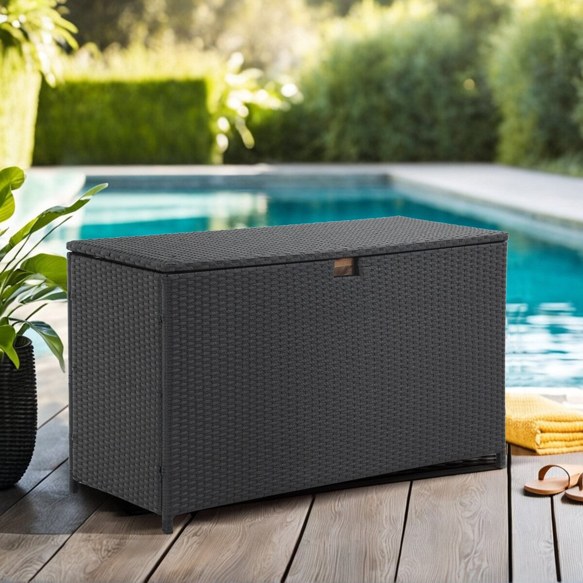 160 Gallon Outdoor Wicker Storage Box Resin Black Rattan Deck Bin for Patio Gardening Tools - 51.2*20*29Inch