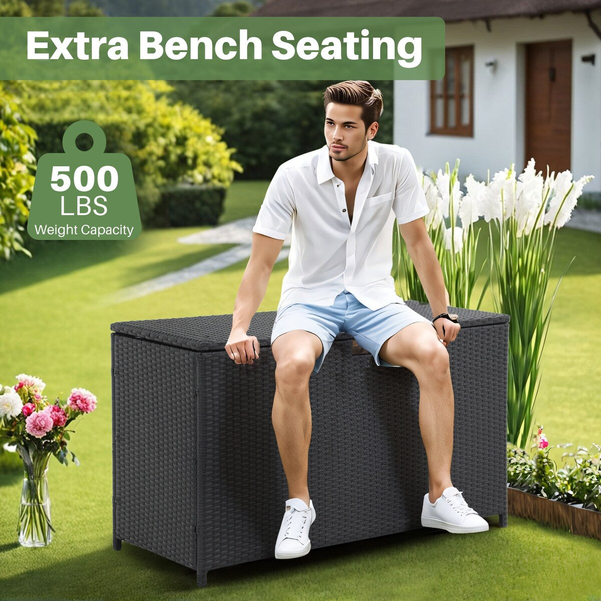 160 Gallon Outdoor Wicker Storage Box Resin Black Rattan Deck Bin for Patio Gardening Tools - 51.2*20*29Inch