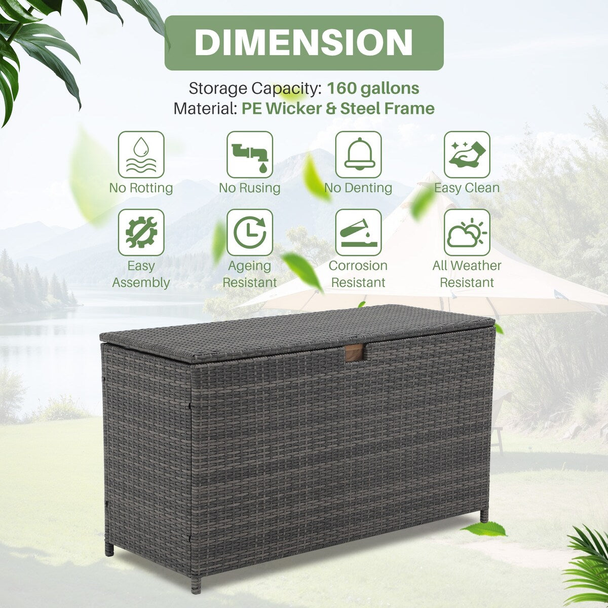 160 Gallon Outdoor Wicker Storage Box Resin Black Rattan Deck Bin for Patio Gardening Tools - 51.2*20*29Inch