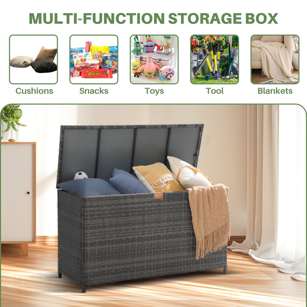 160 Gallon Outdoor Wicker Storage Box Resin Black Rattan Deck Bin for Patio Gardening Tools - 51.2*20*29Inch