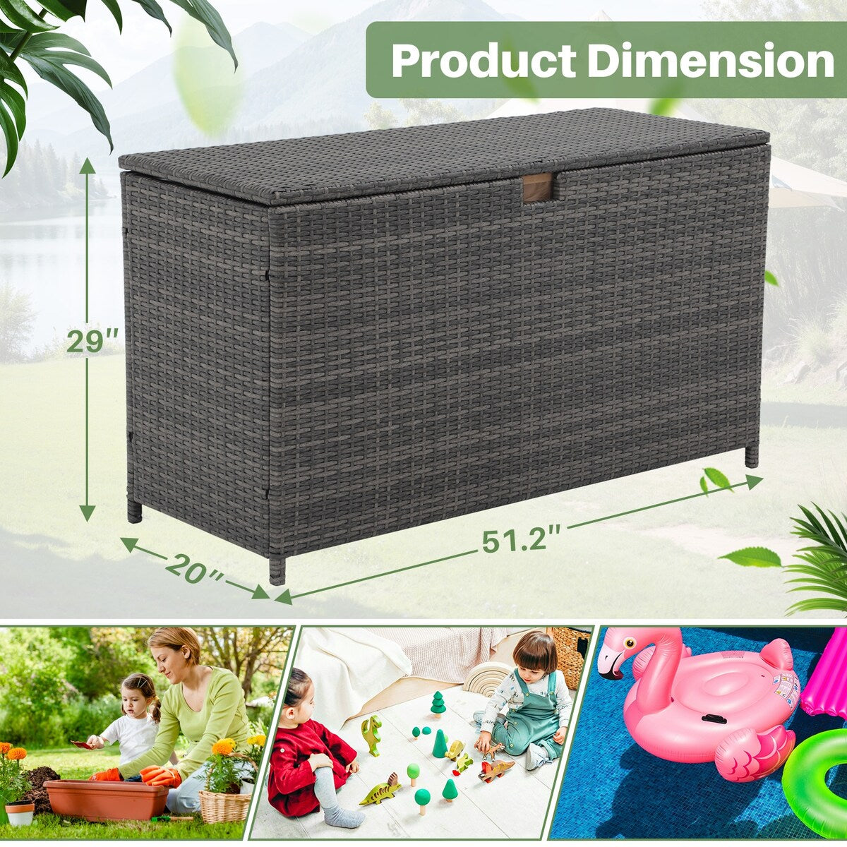 160 Gallon Outdoor Wicker Storage Box Resin Black Rattan Deck Bin for Patio Gardening Tools - 51.2*20*29Inch