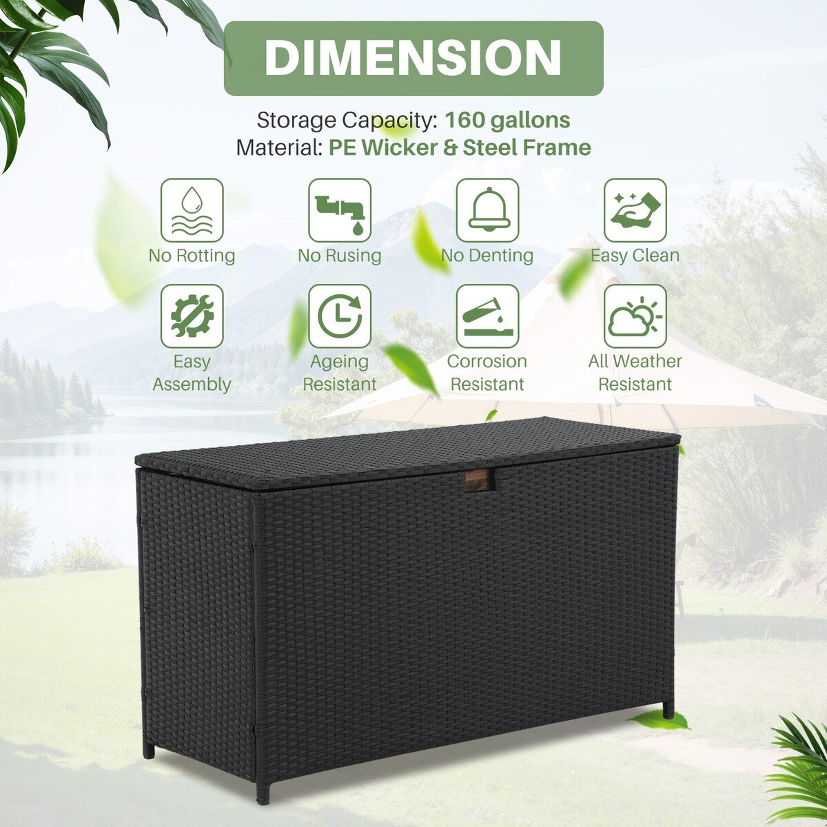 160 Gallon Outdoor Wicker Storage Box Resin Black Rattan Deck Bin for Patio Gardening Tools - 51.2*20*29Inch