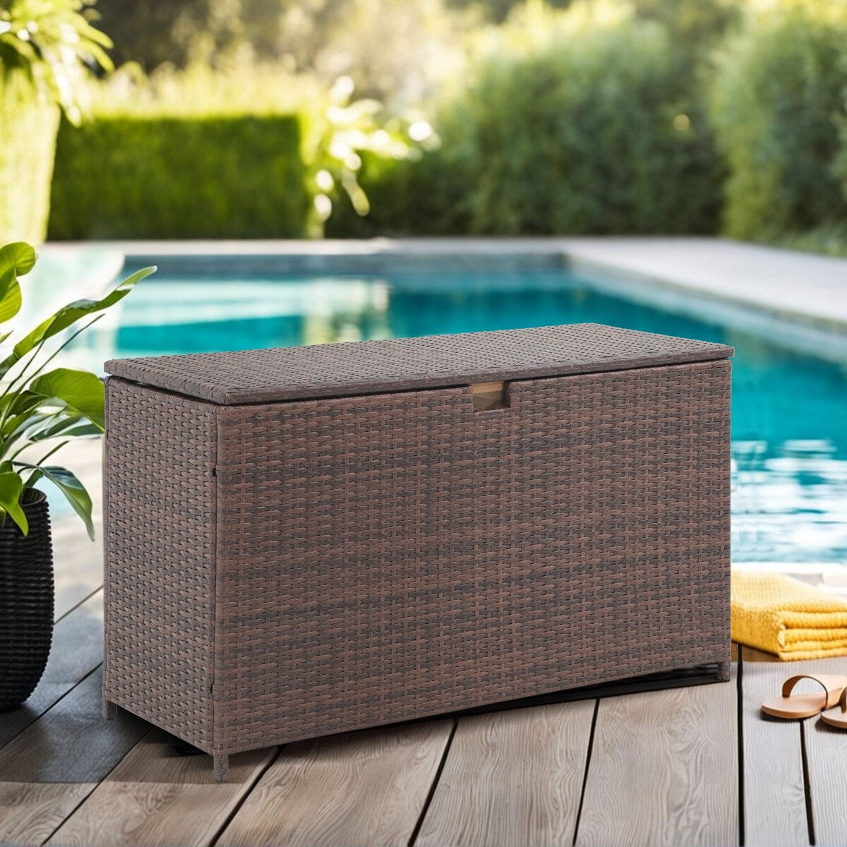 160 Gallon Outdoor Wicker Storage Box Resin Black Rattan Deck Bin for Patio Gardening Tools - 51.2*20*29Inch