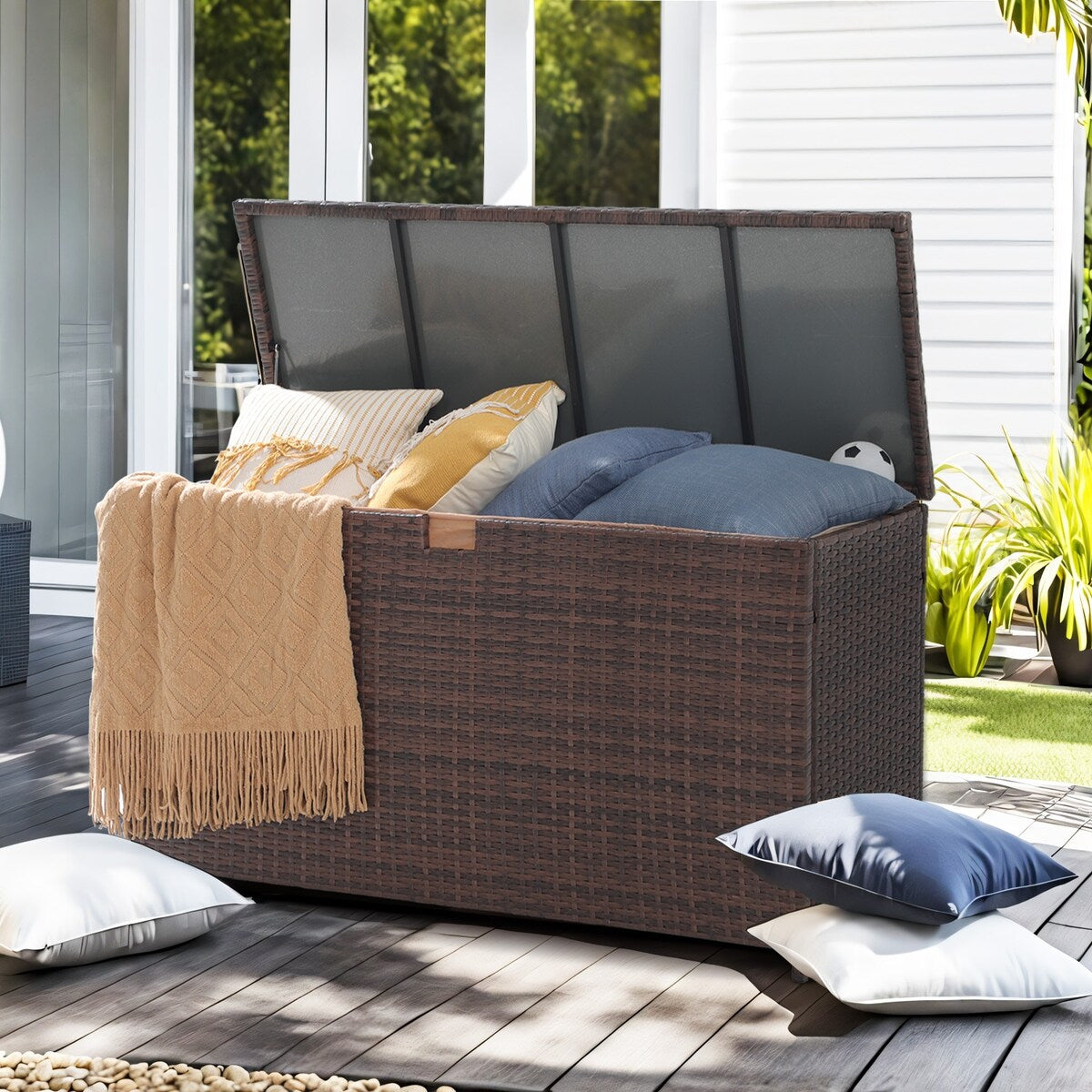 160 Gallon Outdoor Wicker Storage Box Resin Black Rattan Deck Bin for Patio Gardening Tools - 51.2*20*29Inch
