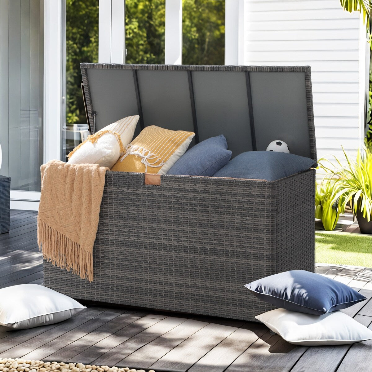 160 Gallon Outdoor Wicker Storage Box Resin Black Rattan Deck Bin for Patio Gardening Tools - 51.2*20*29Inch