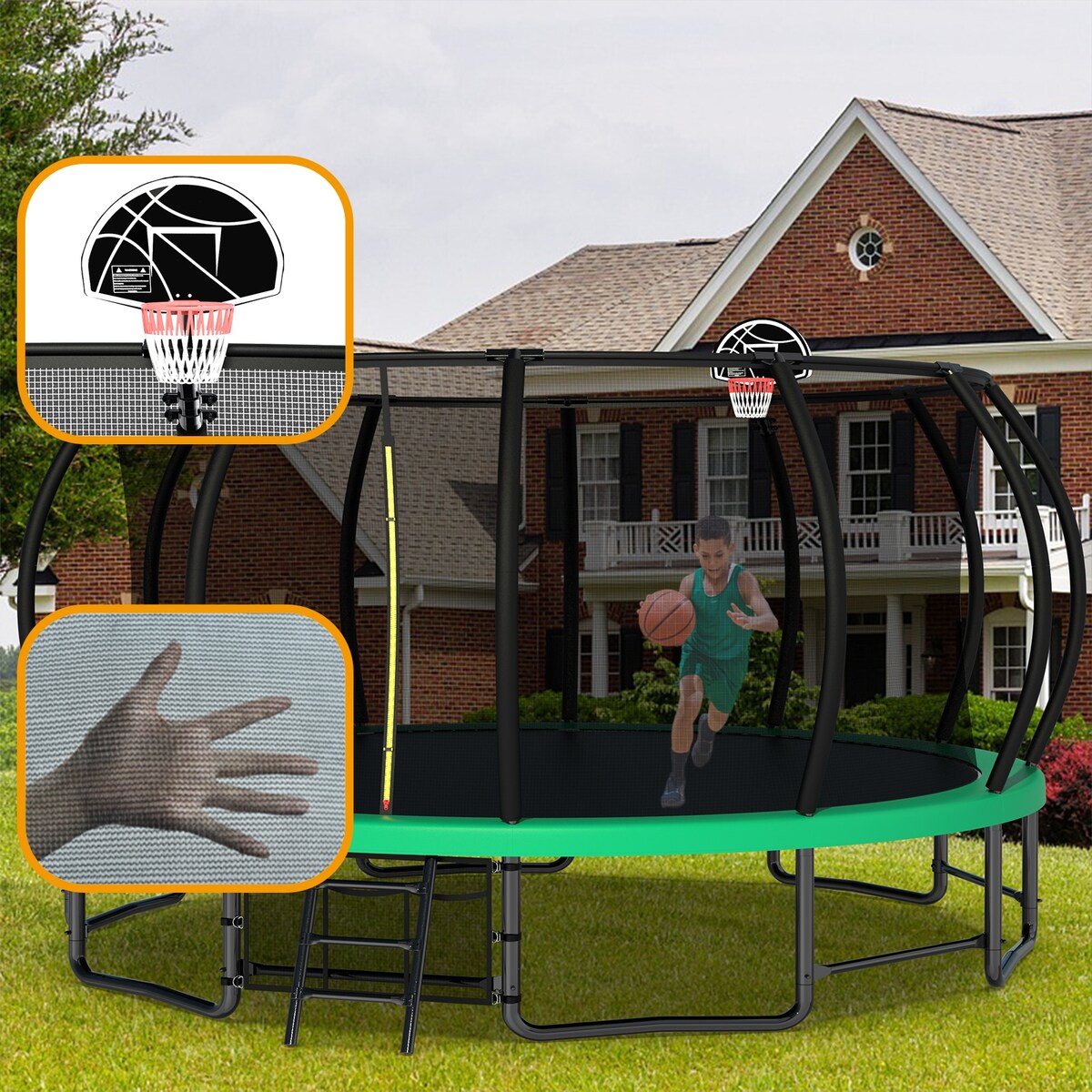 16FT Trampoline for Kids, Pumpkin Trampolines with Curved Poles, Heavy Duty Trampoline Anti-Rust Coating ASTM Approval
