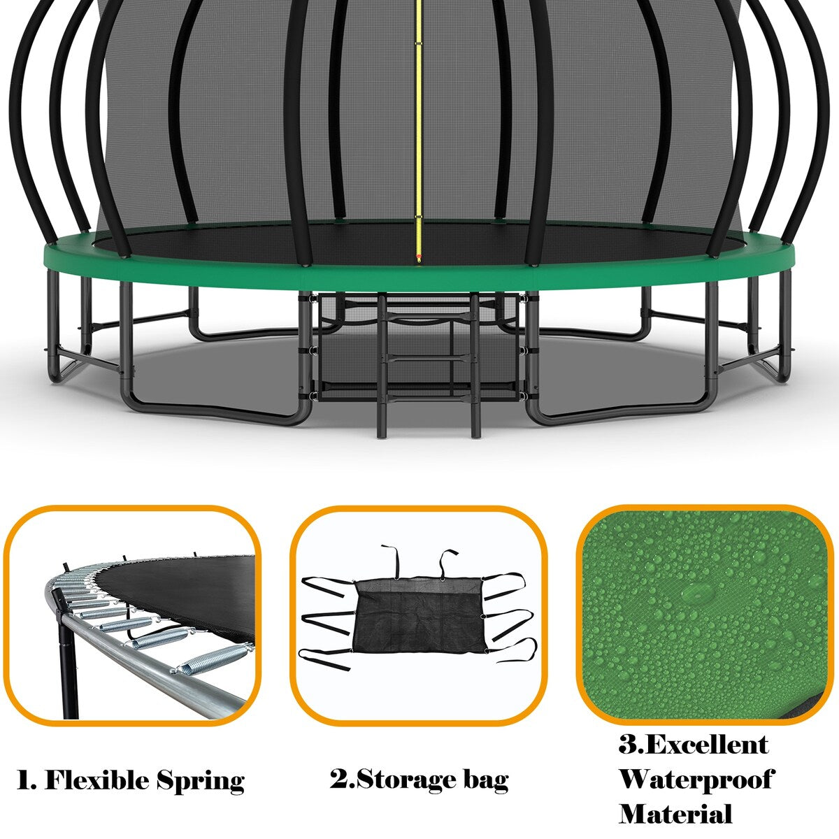 16FT Trampoline for Kids, Pumpkin Trampolines with Curved Poles, Heavy Duty Trampoline Anti-Rust Coating ASTM Approval