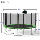 16FT Trampoline with Safety Enclosure Net & Ladder, Spring Cover Padding, Basketball Hoop