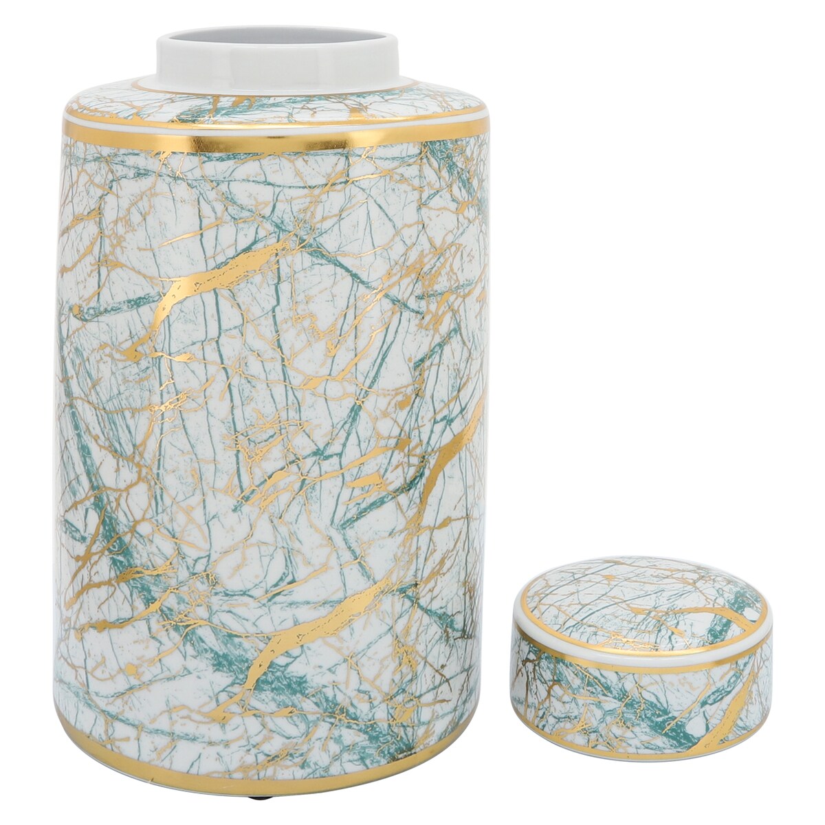 16" Ceramic Jar with Lid Contemporary Decorative Glassware in White, Green and Gold Storage Canister Decor - - 8" x 8" x 16"