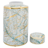 16" Ceramic Jar with Lid Contemporary Decorative Glassware in White, Green and Gold Storage Canister Decor - - 8" x 8" x 16"