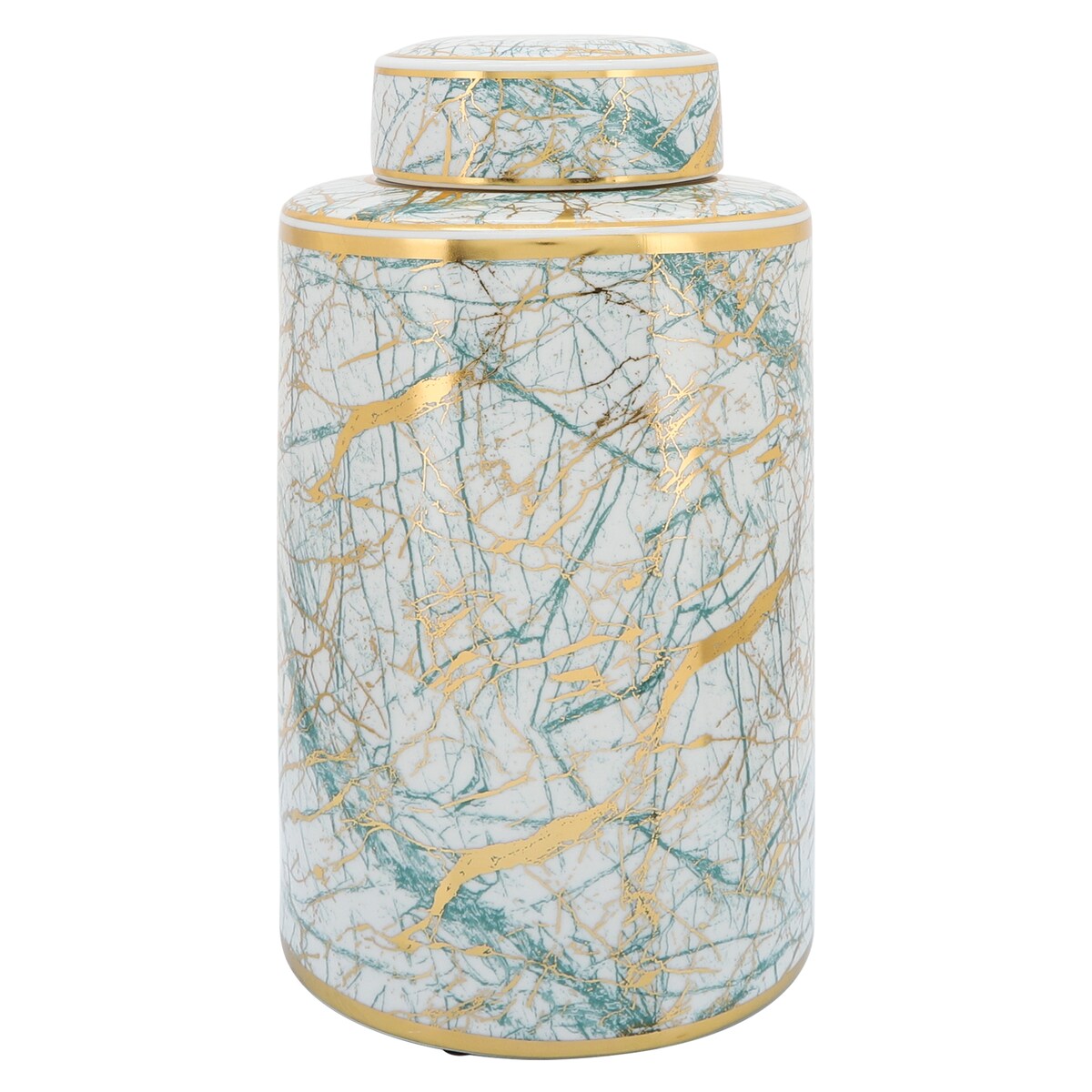 16" Ceramic Jar with Lid Contemporary Decorative Glassware in White, Green and Gold Storage Canister Decor - - 8" x 8" x 16"