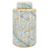 16" Ceramic Jar with Lid Contemporary Decorative Glassware in White, Green and Gold Storage Canister Decor - - 8" x 8" x 16"