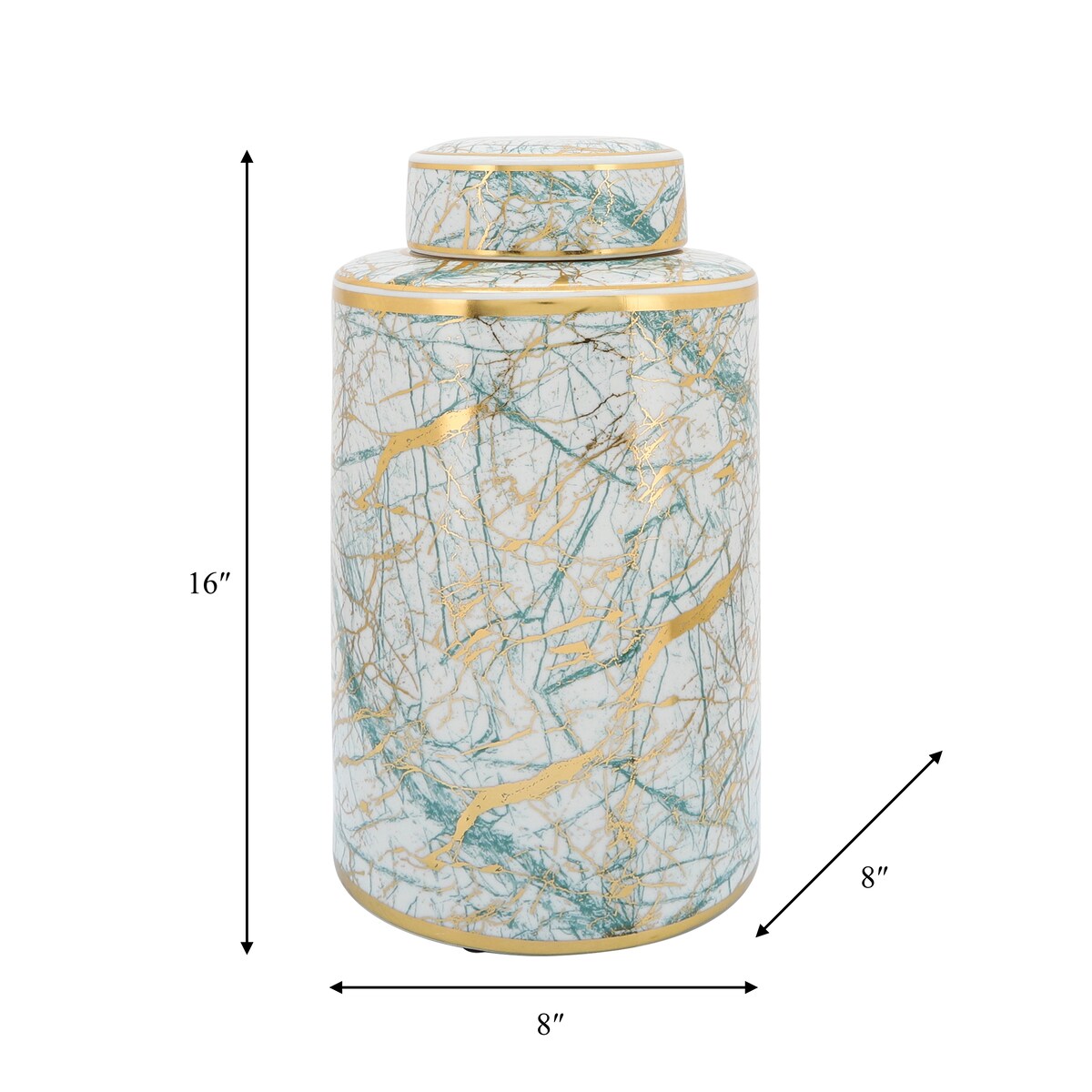 16" Ceramic Jar with Lid Contemporary Decorative Glassware in White, Green and Gold Storage Canister Decor - - 8" x 8" x 16"