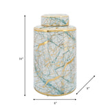 16" Ceramic Jar with Lid Contemporary Decorative Glassware in White, Green and Gold Storage Canister Decor - - 8" x 8" x 16"