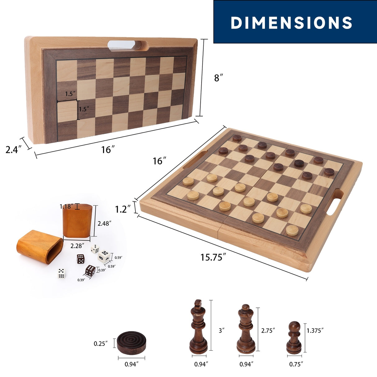 GSE™ 16" Classic 3-in-1 Wooden Folding Chess, Checker and Backgammon Board Game Combo Set