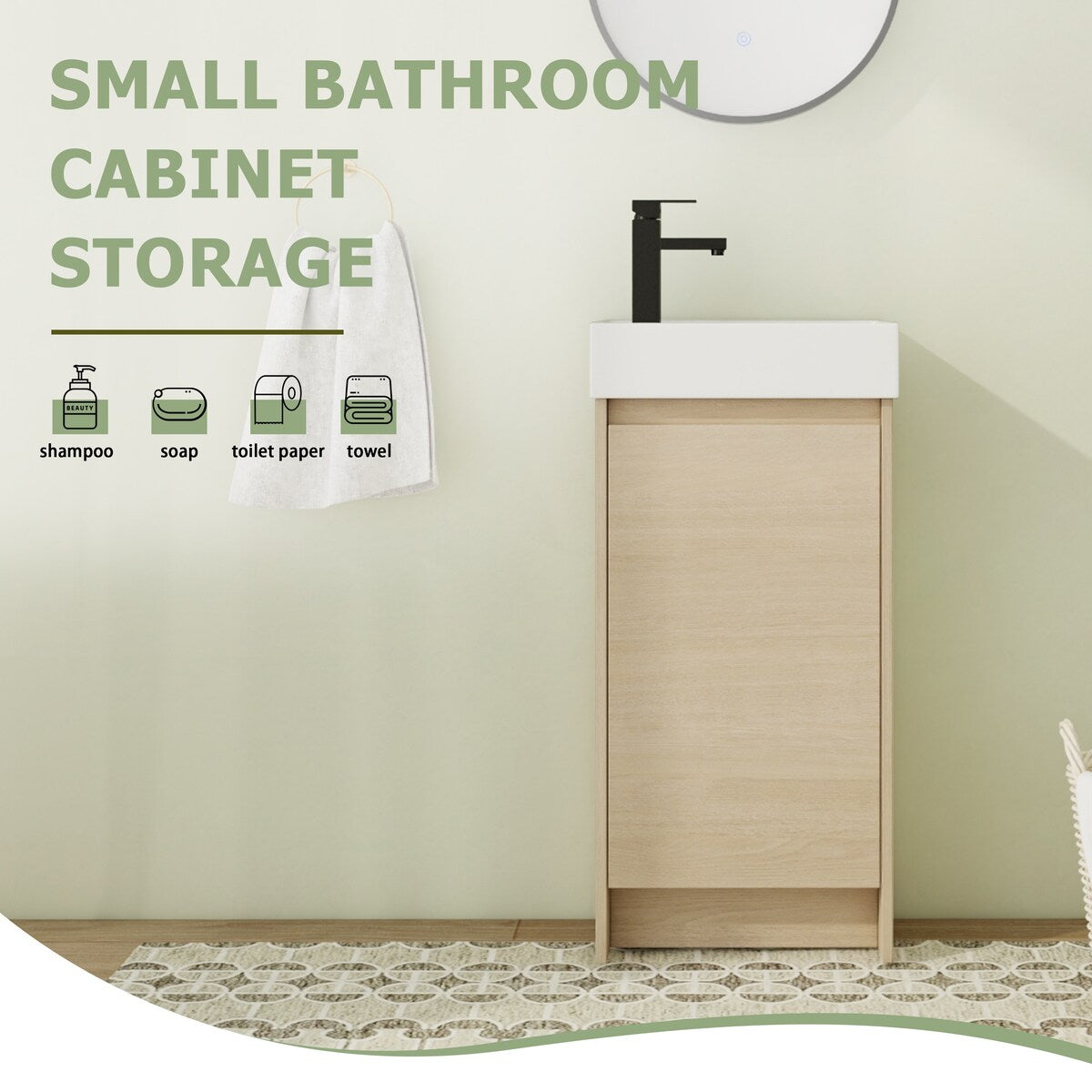 16" FreeStanding Bathroom Vanity with Sink, Mini Floor Stand Bathroom Vanity with Soft Close Door and Adjustable shelf