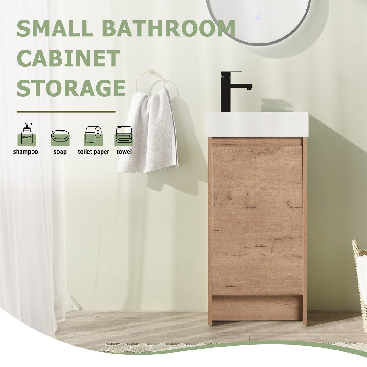 16" FreeStanding Bathroom Vanity with Sink, Mini Floor Stand Bathroom Vanity with Soft Close Door and Adjustable shelf