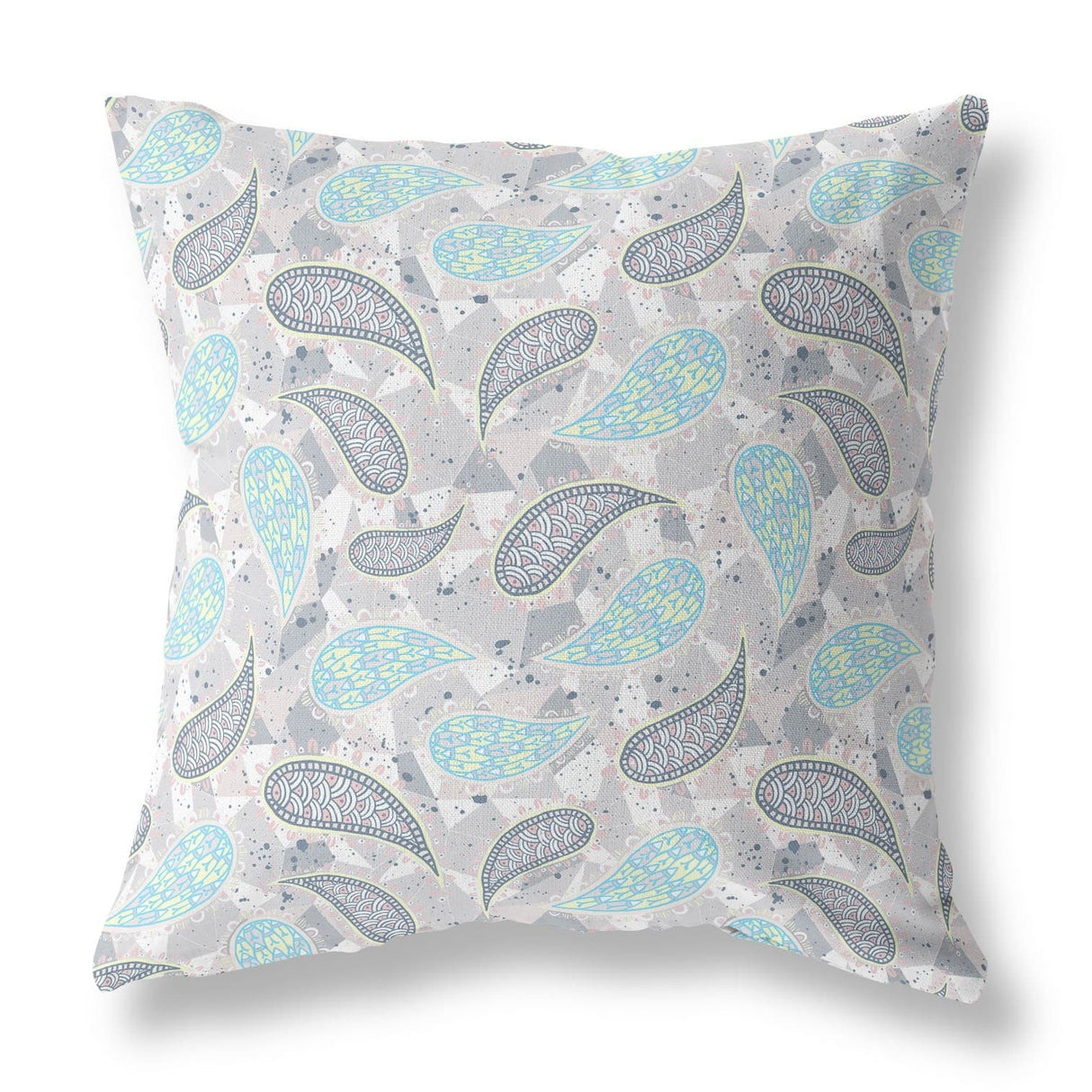 16" Gray Turquoise Boho Paisley Indoor Outdoor Throw Pillow