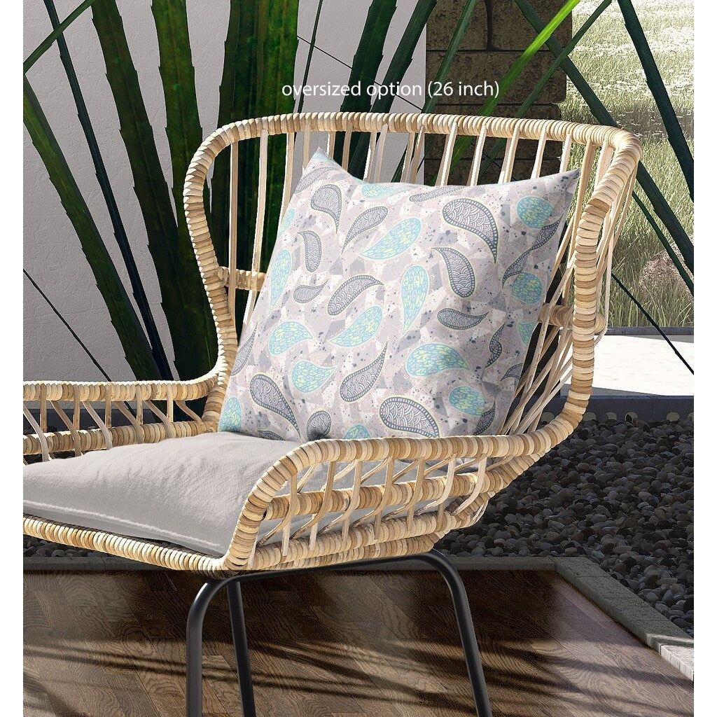 16" Gray Turquoise Boho Paisley Indoor Outdoor Throw Pillow