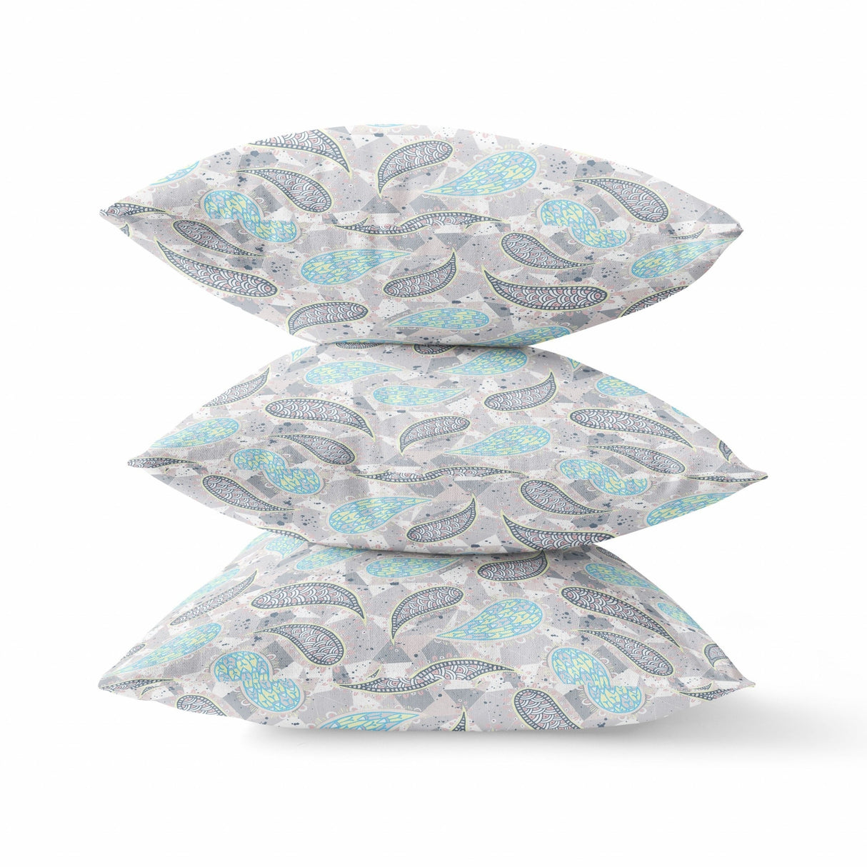 16" Gray Turquoise Boho Paisley Indoor Outdoor Throw Pillow
