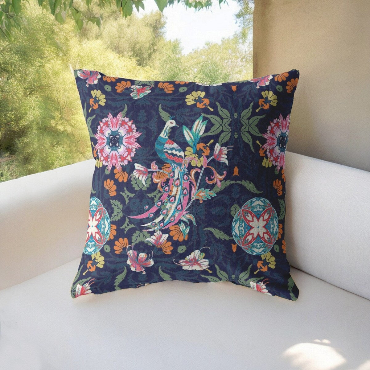 16" Navy Pink Peacock Suede Throw Pillow