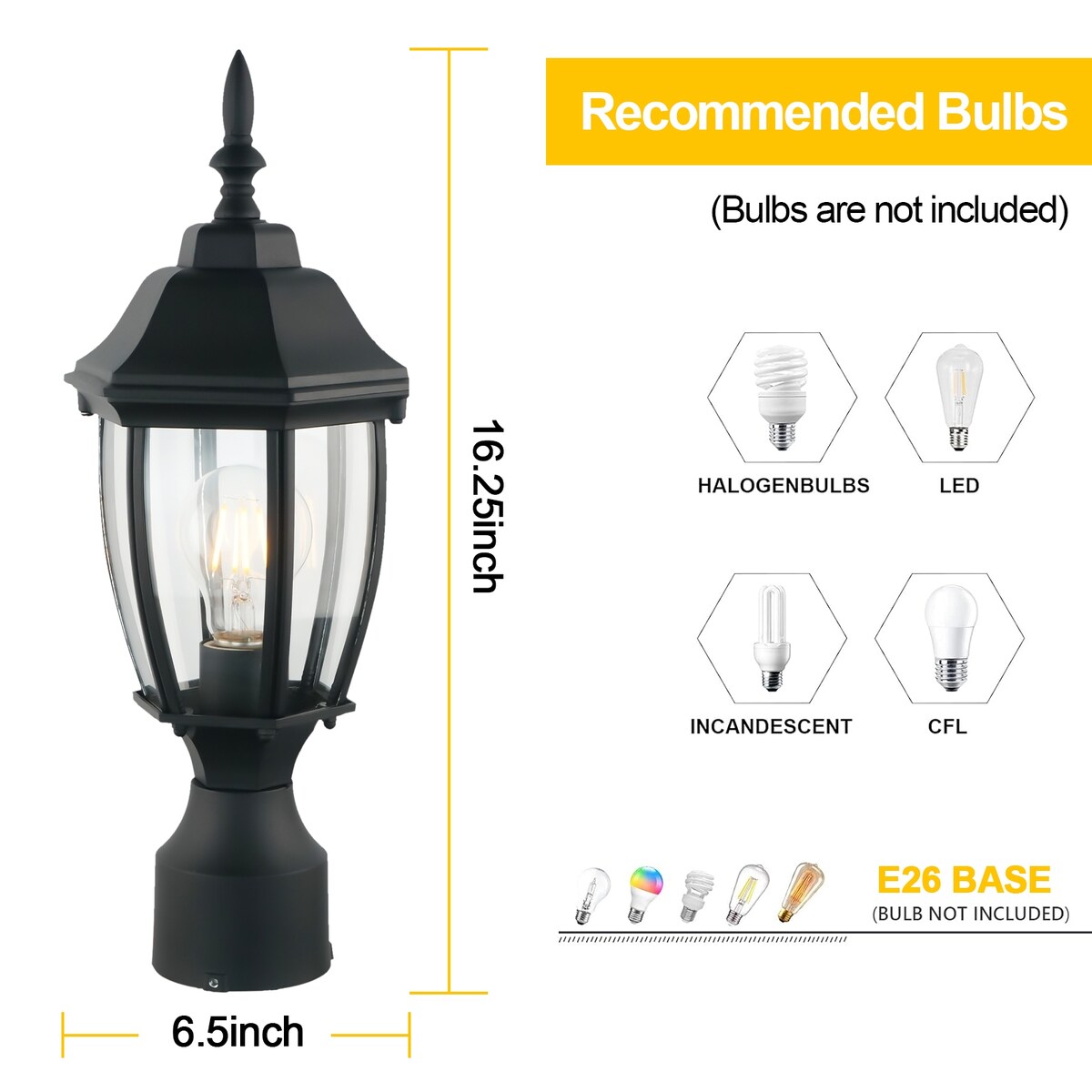 16" Post Light Fixture with Tempered Glass(2 Pack)