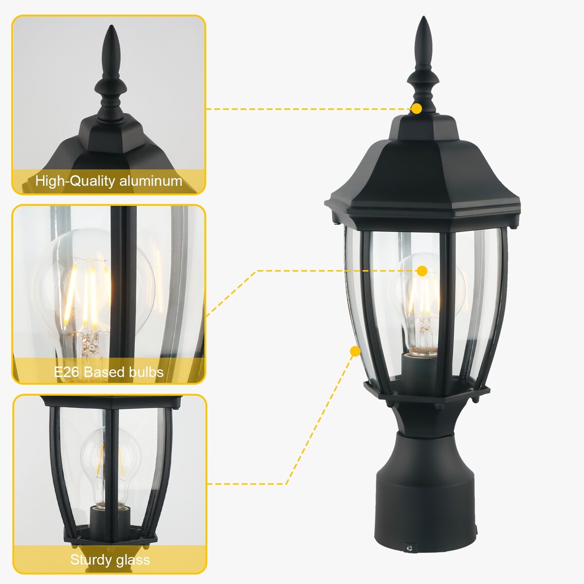 16" Post Light Fixture with Tempered Glass(2 Pack)