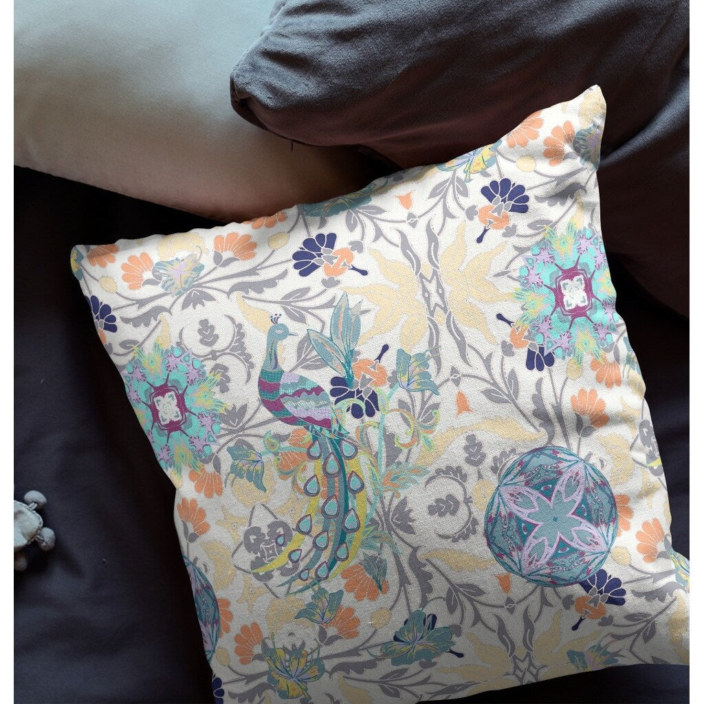 16" White Gray Peacock Indoor Outdoor Zip Throw Pillow