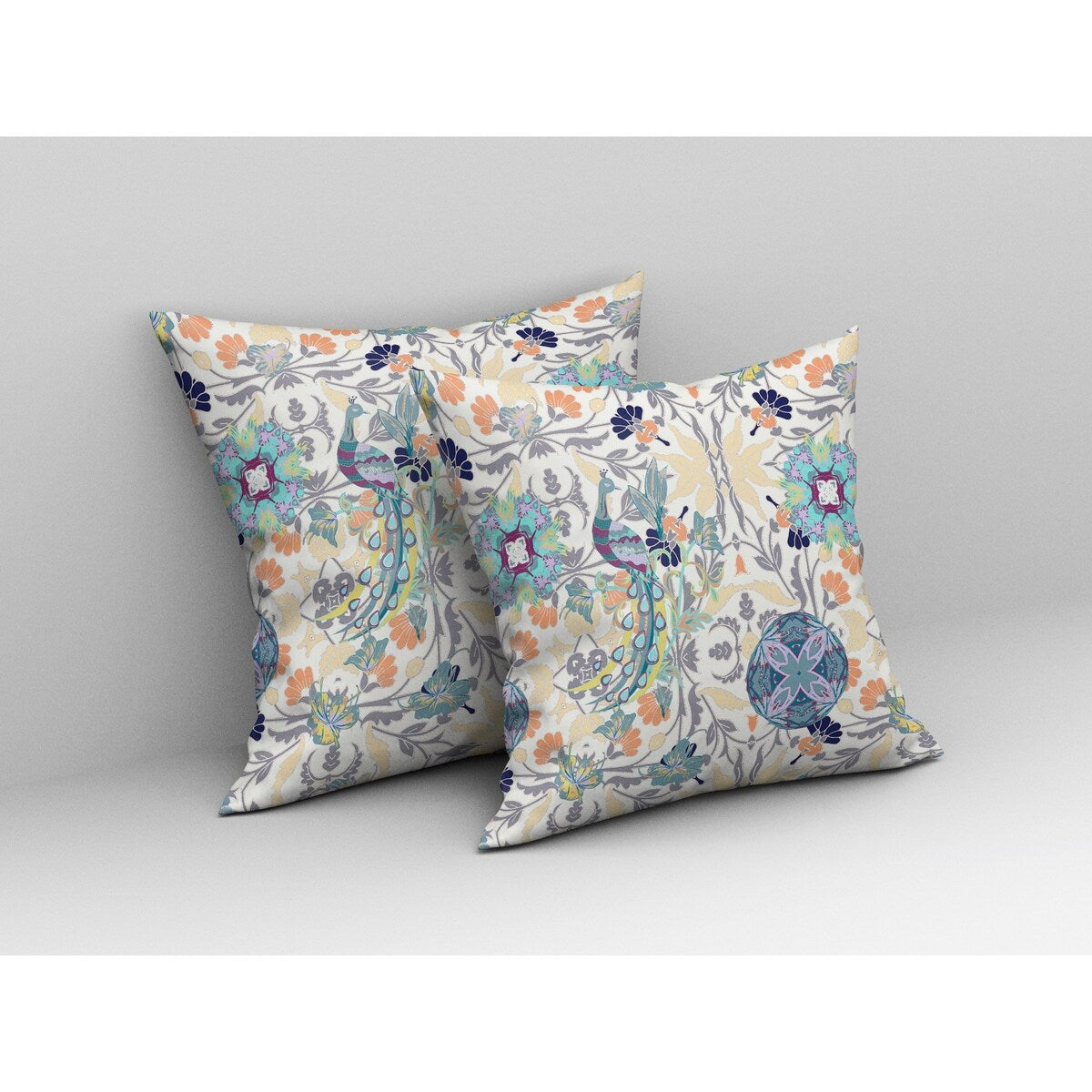 16" White Gray Peacock Indoor Outdoor Zip Throw Pillow