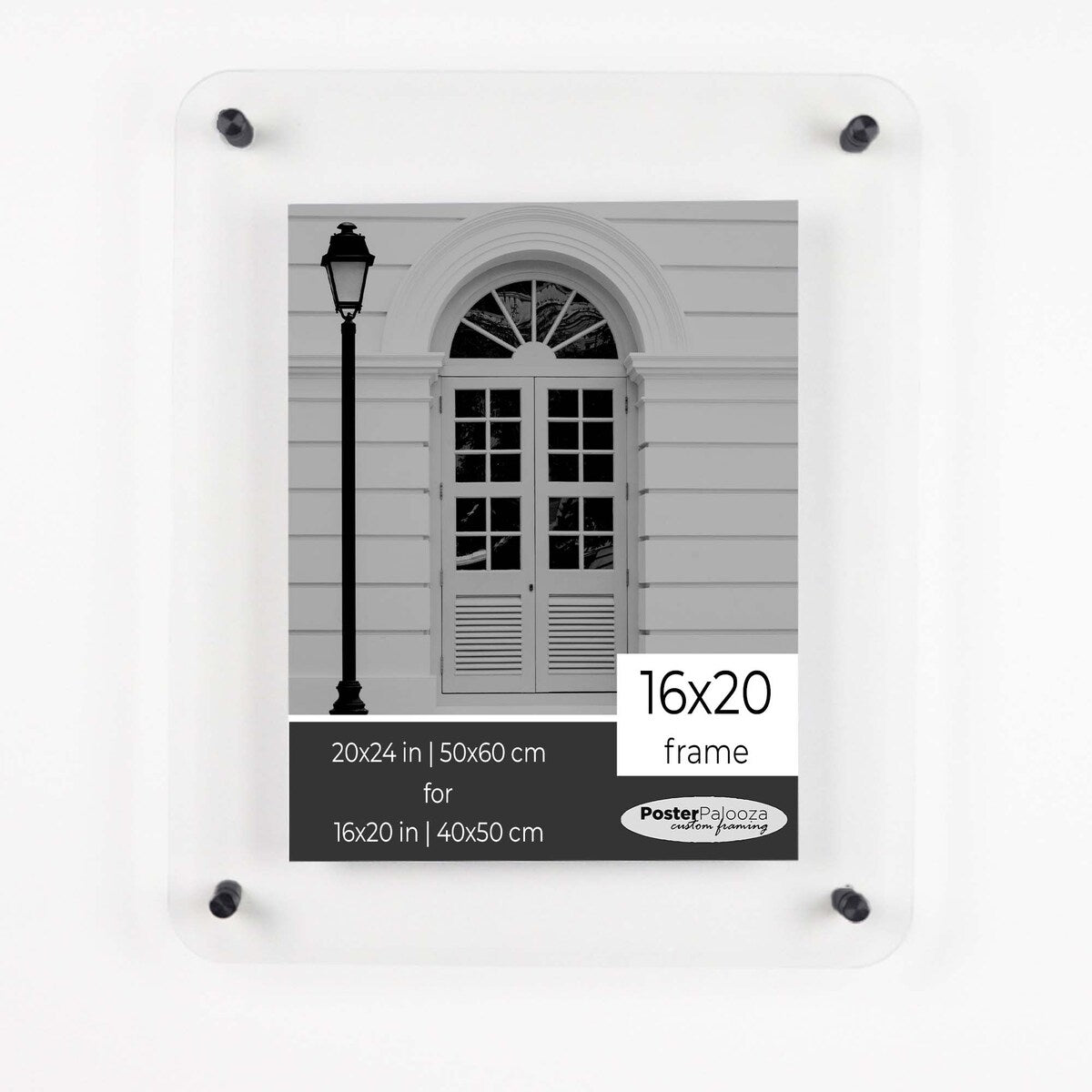 16x20 Floating Acrylic Frame Black Standoff Wall Mount Hardware - 16x20 Clear Acrylic Frameless Frame - Full Size 20x24 In
