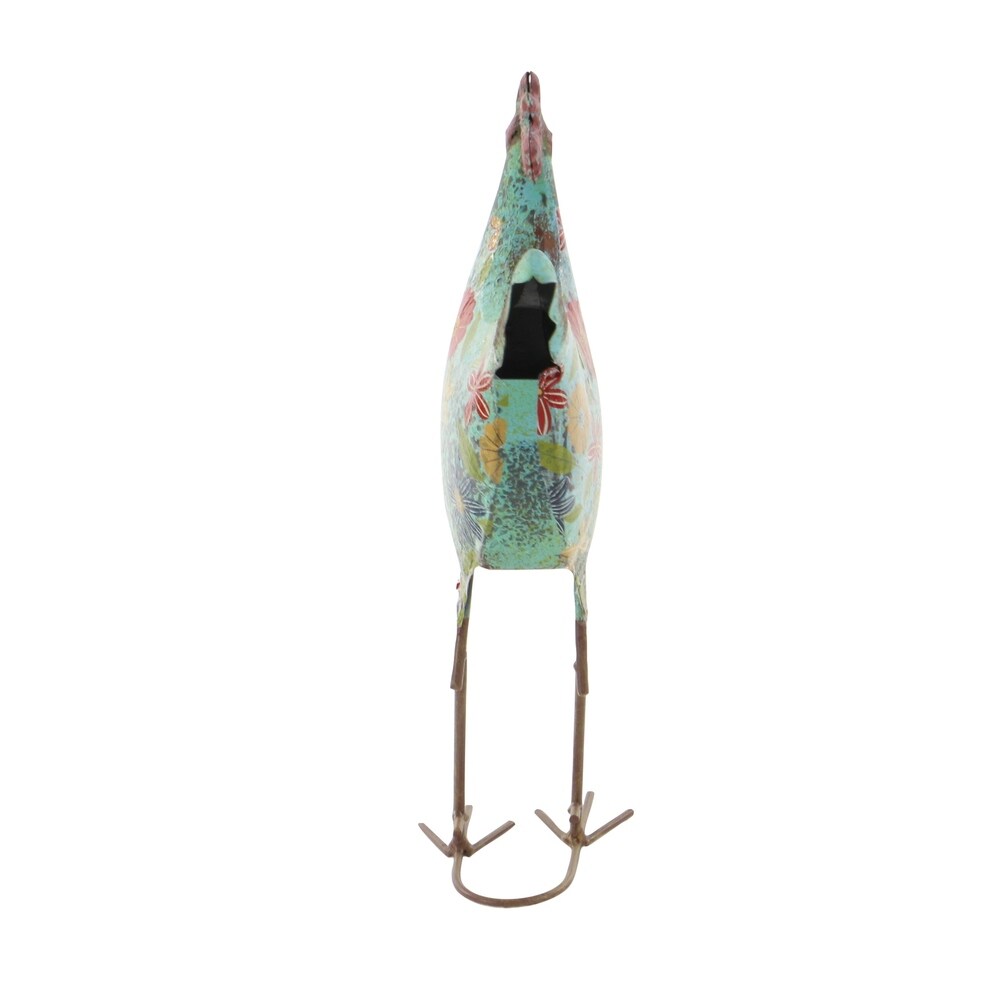 17 Inch Farmhouse Metal Rooster Sculpture with Floral Motif, Multicolor