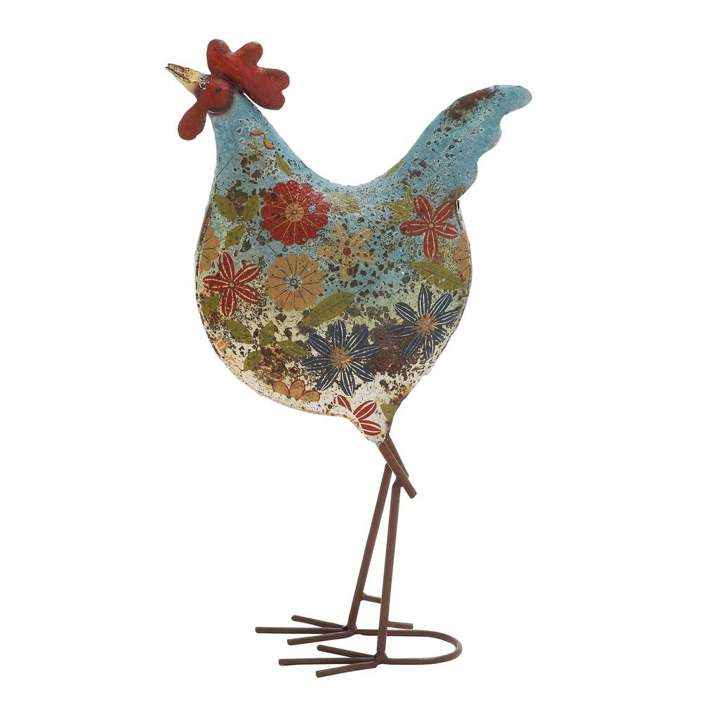 17 Inch Farmhouse Metal Rooster Sculpture with Floral Motif, Multicolor
