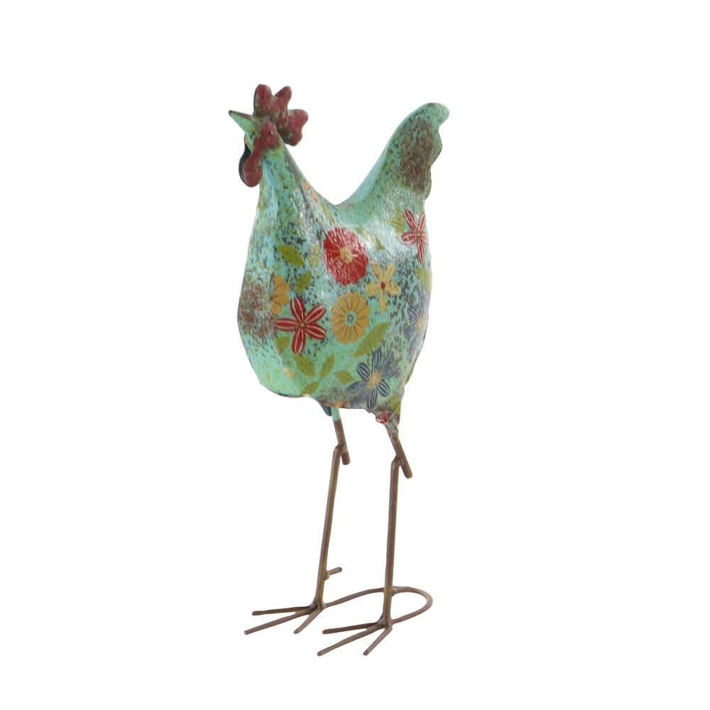 17 Inch Farmhouse Metal Rooster Sculpture with Floral Motif, Multicolor